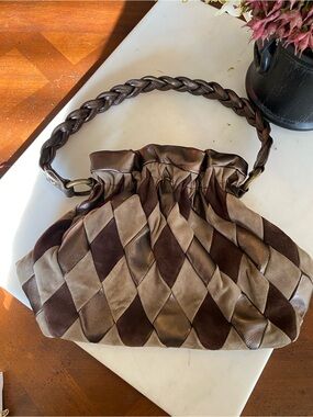 Braided Handle Brown Harlequin Suede & Leather Shoulder Bag Van Eli metallic